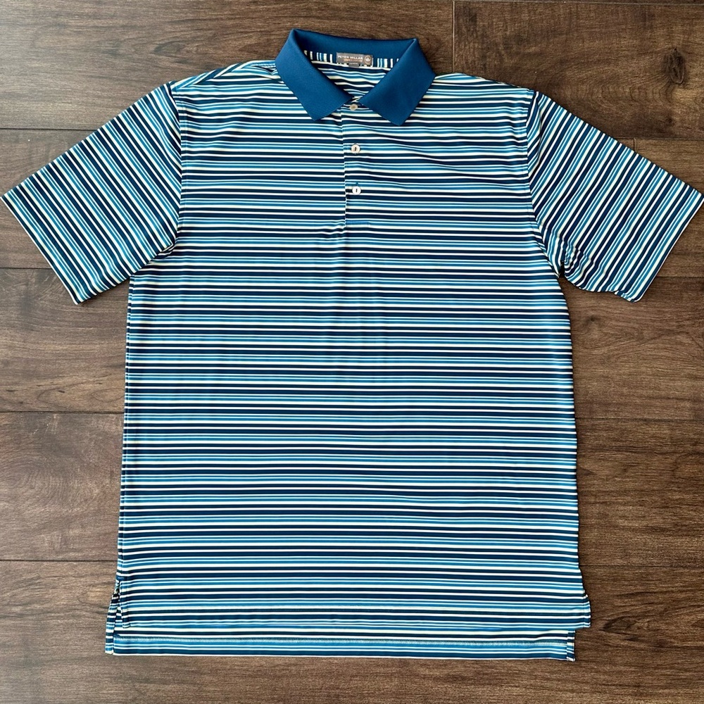 Peter Millar Summer Comfort Performance Like Polo - Large - Blue Yellow Striped